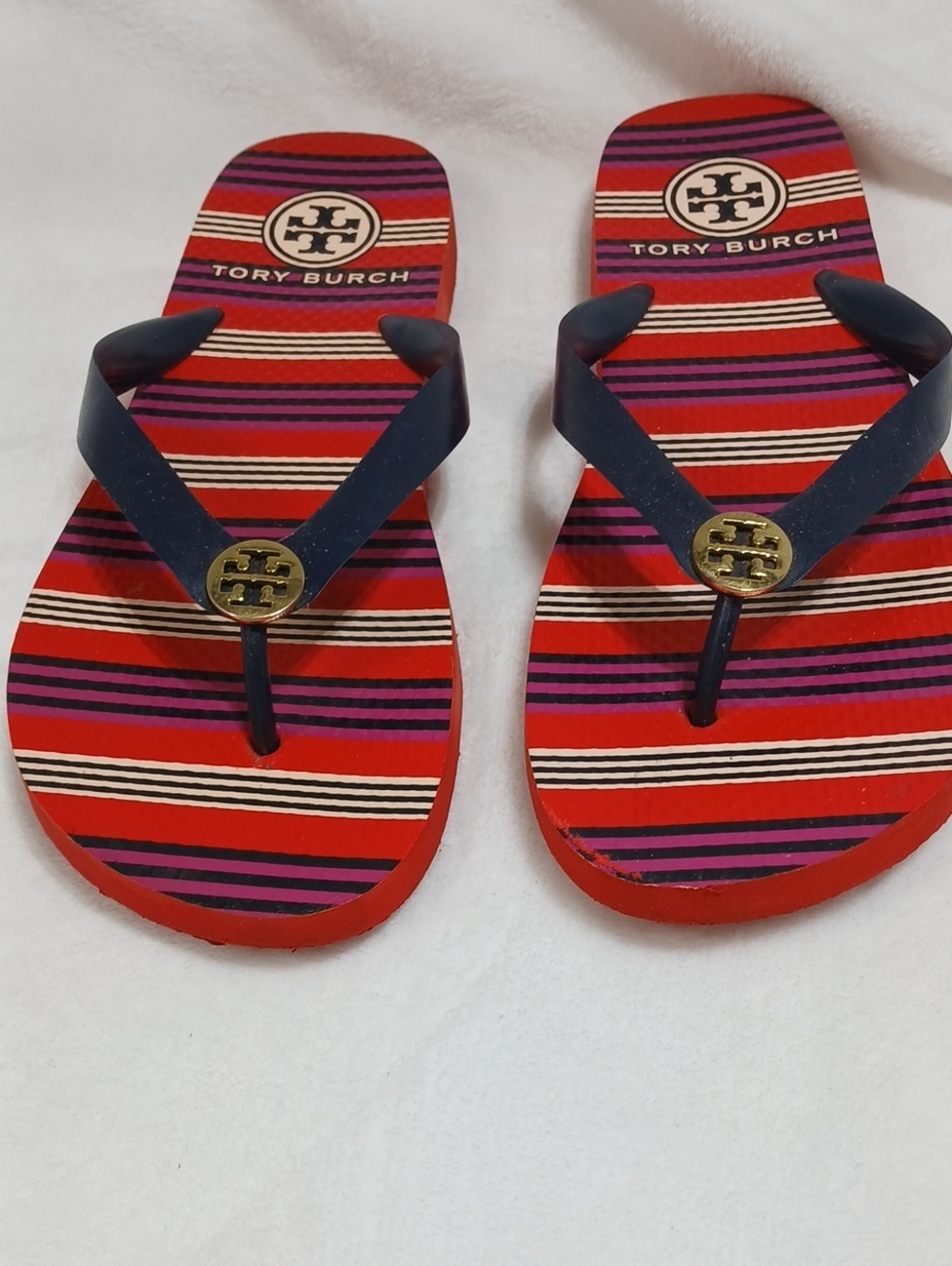 Tory Burch Red Striped Flip-Flops with Navy Straps Women